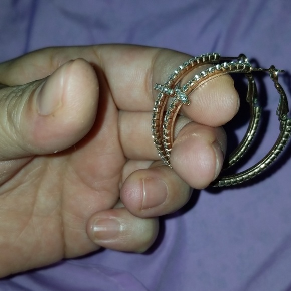 Rose gold and cubic Zirconia cross hoops. - Picture 2 of 2
